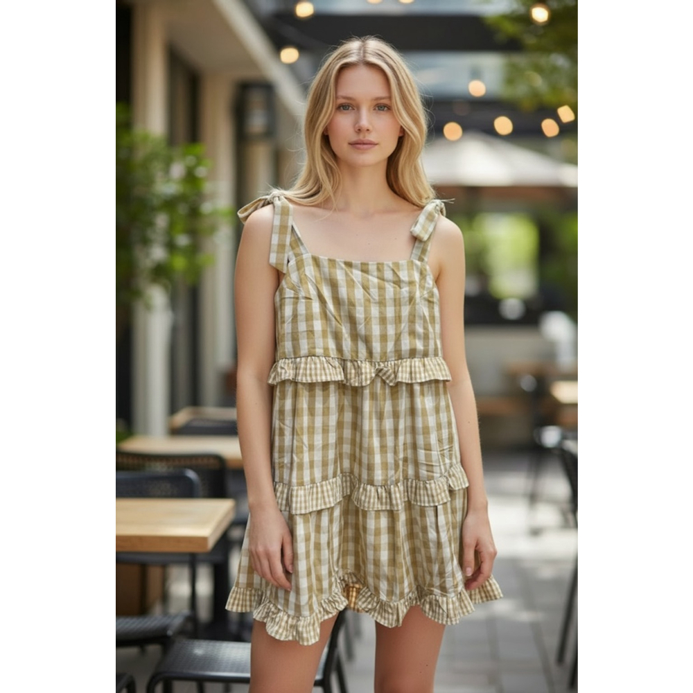 Women's idem ditto Golden Glow/White Gingham Tiered Mini Dress M